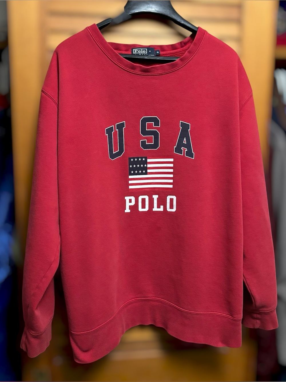 Vintage 90s Polo Ralph Lauren USA Flag Logo Graphic Pullover Sweatshirt Red XL